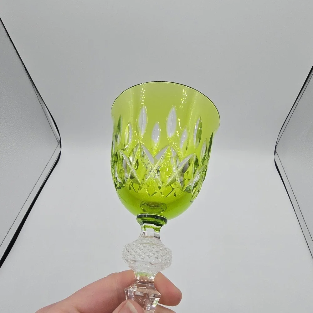 Vtg Crystal Wine Goblet Glass Green Cut‎ Glass Unknown Maker